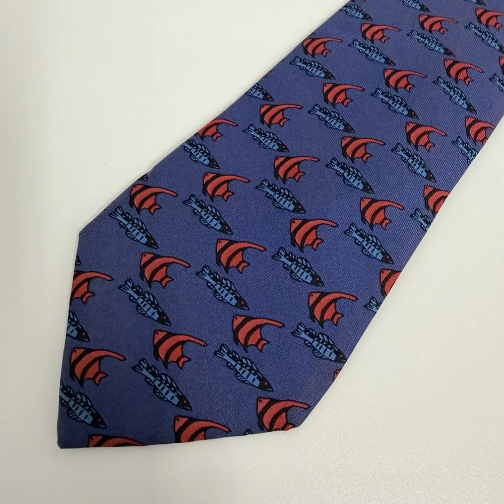 Hermes Men's Tie Fish Print Blue & Red Satin Silk 7336 EA 3.25